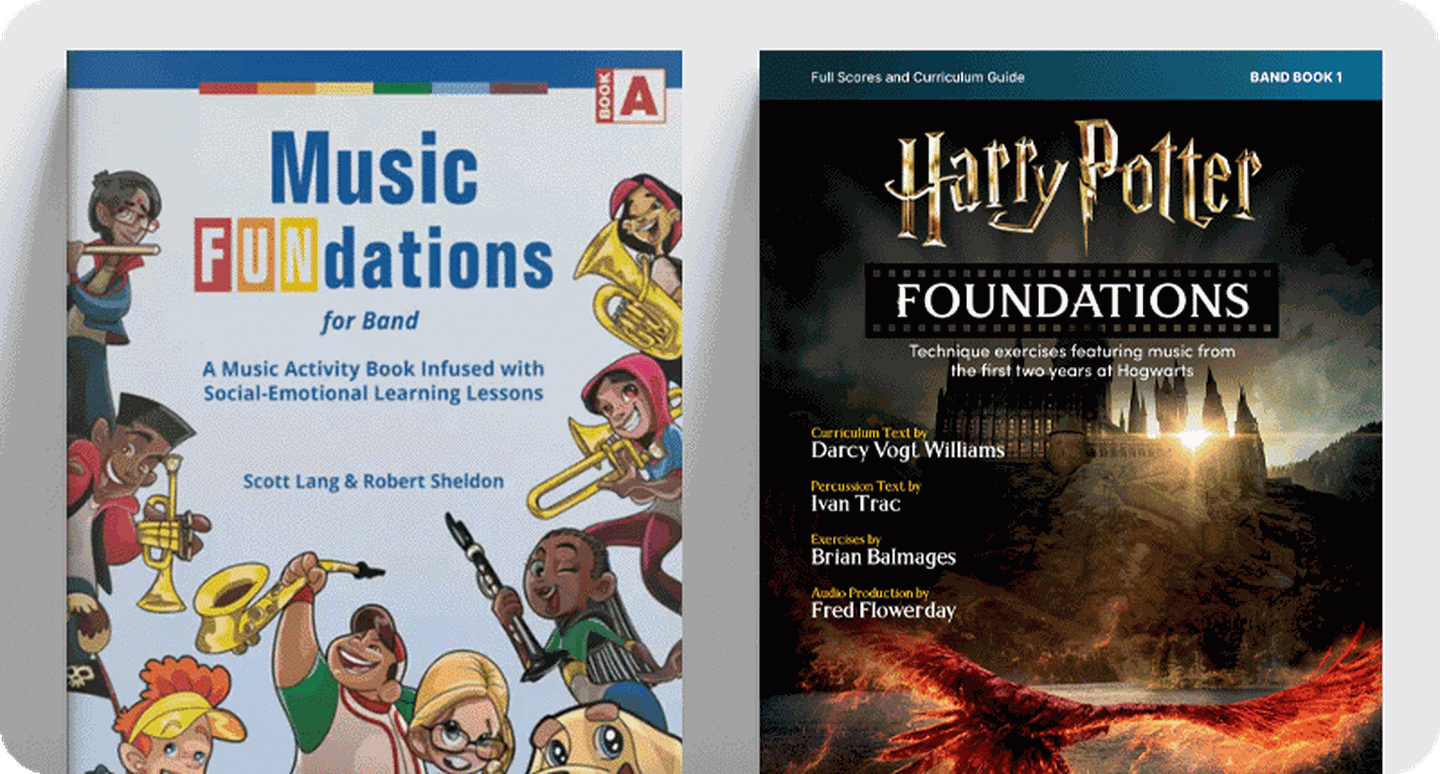 Covers for band method books Music Fundations and Harry Potter Foundations.