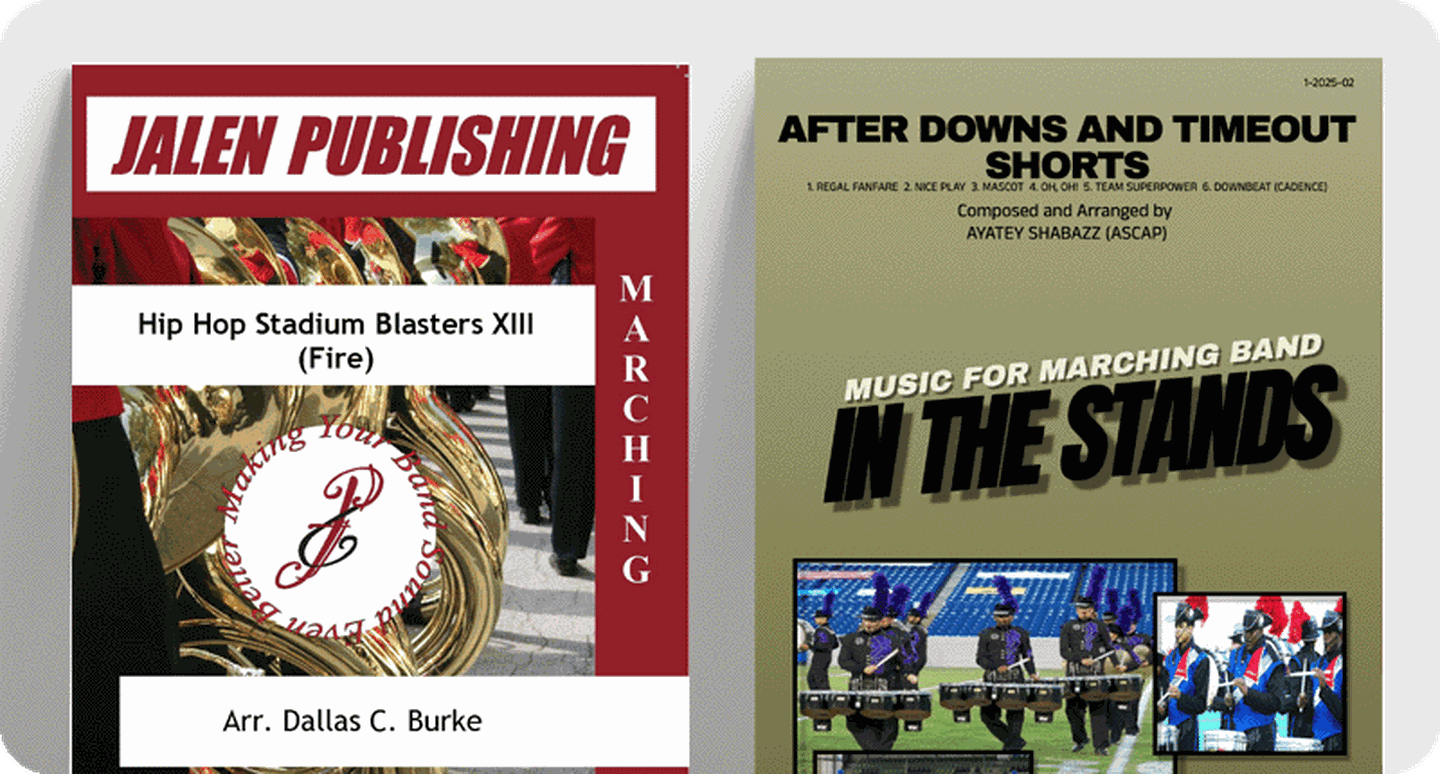 Sheet music covers for pep band stands tunes.