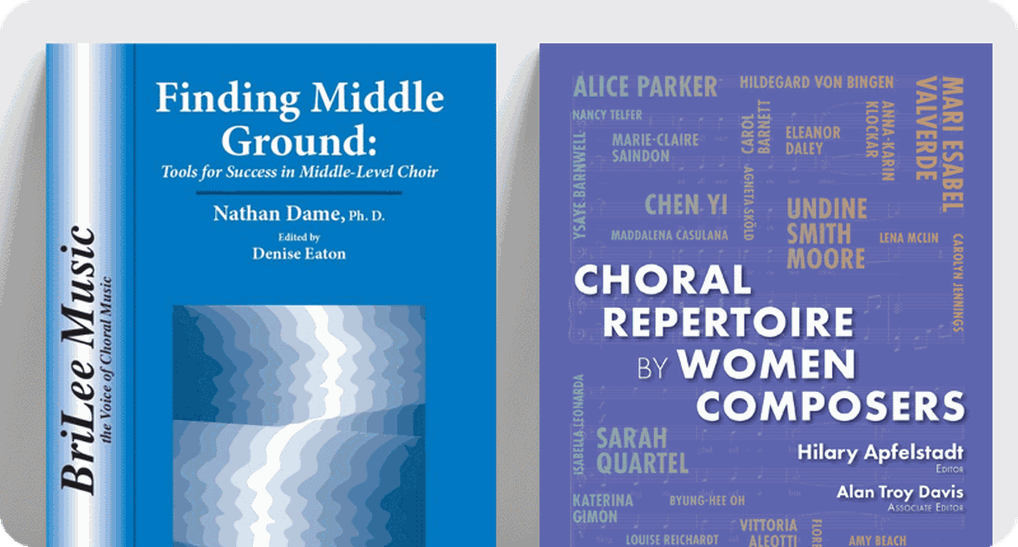 Book covers for choir director resources Finding Middle Ground and Choral Repertoire By Women Composers.