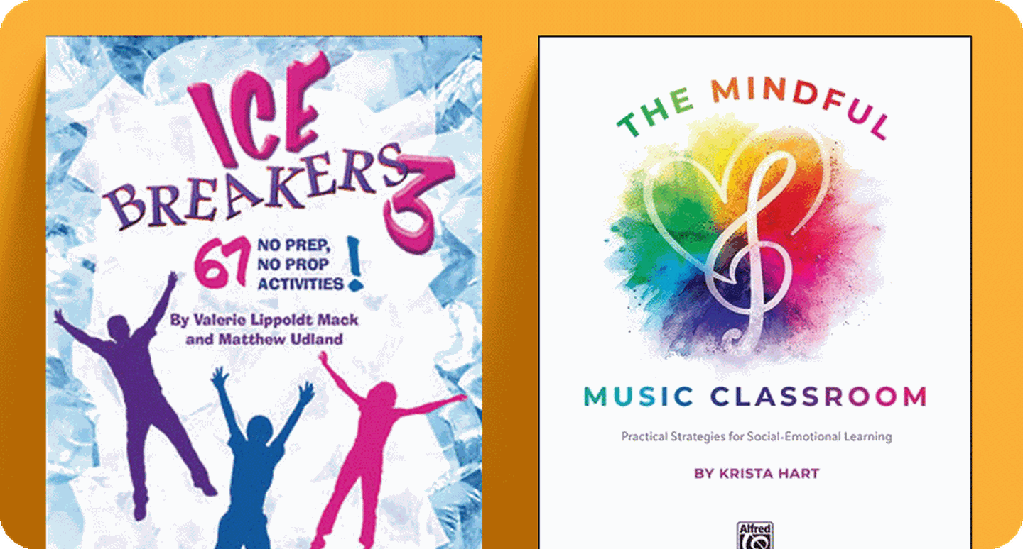 Book covers of teacher resources Ice Breakers and The Mindful Music Classroom.