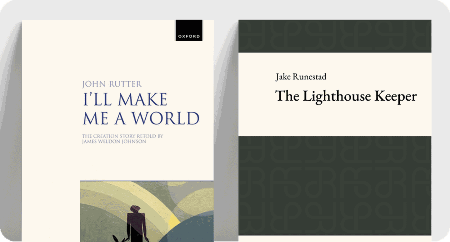 Sheet music covers of advanced new major choral works I'll Make Me A World and The Lighthouse Keeper.