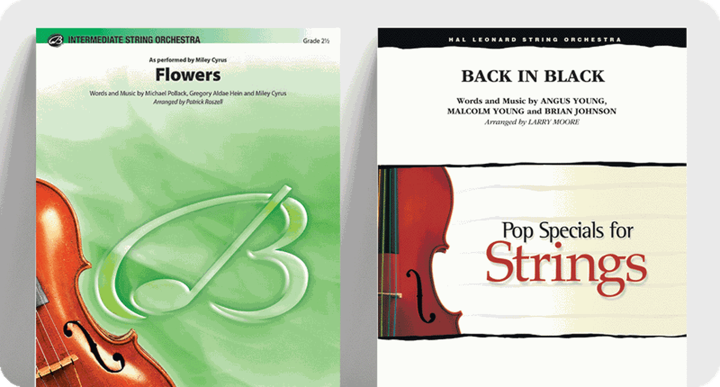 Sheet music covers for string orchestra pop titles Flowers and Back in Black.