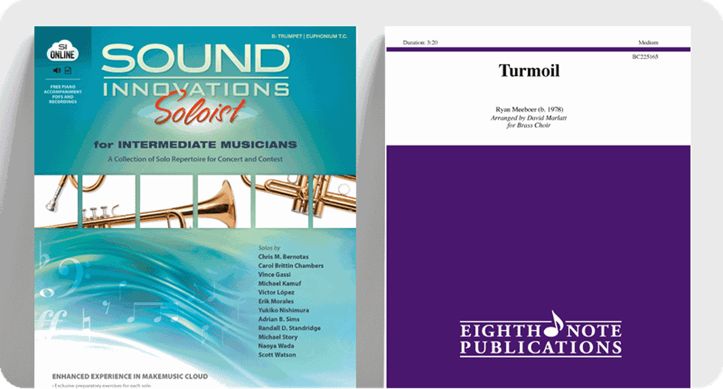 Brass sheet music covers Sound Innovations Soloist and Turmoil.