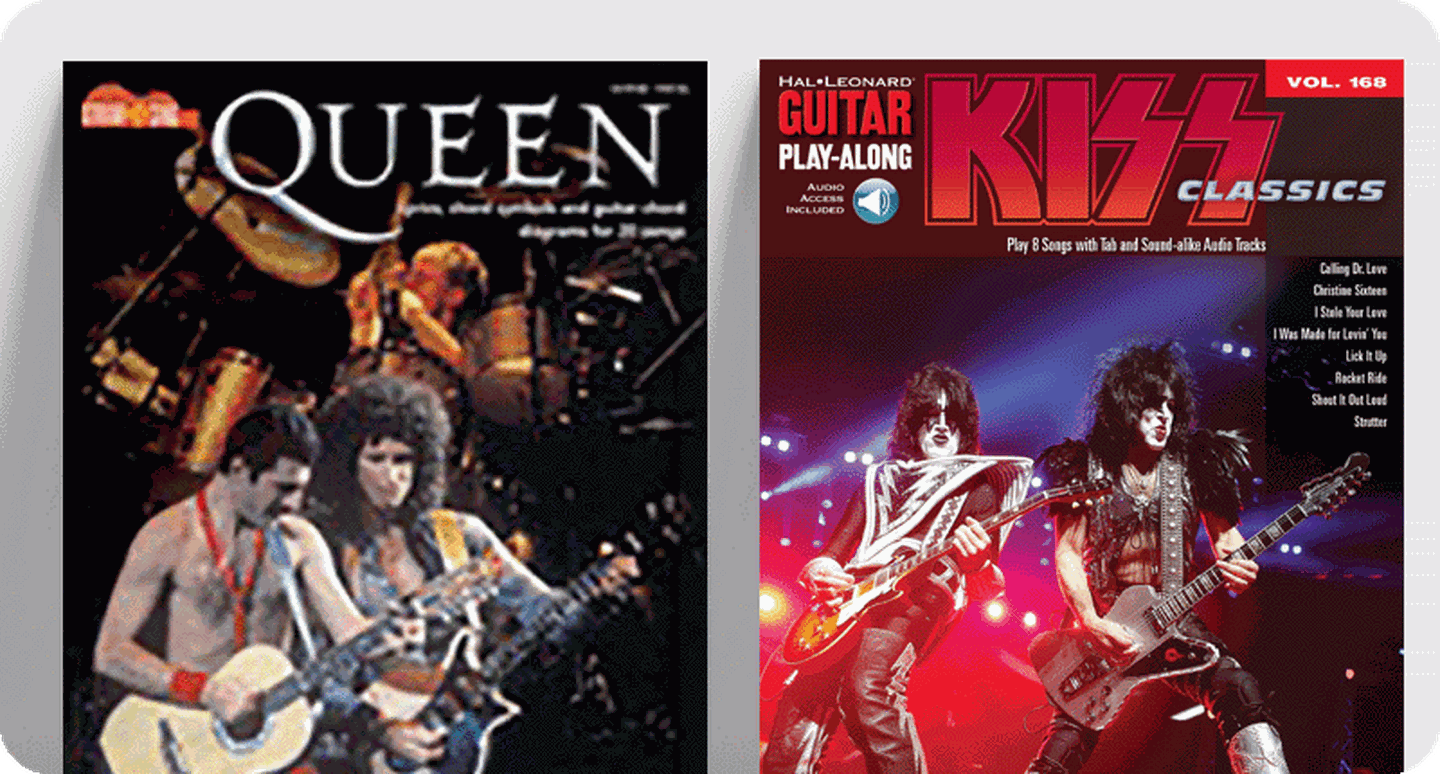 Pop guitar sheet music covers for Queen and KISS.