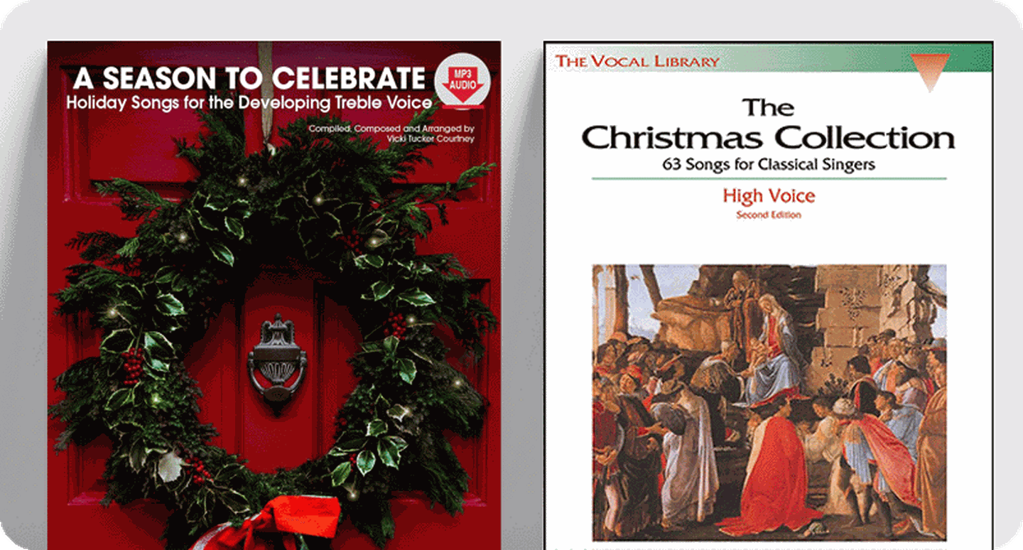 Sheet music covers for Christmas vocal music A Season to Celebrate and The Christmas Collection.