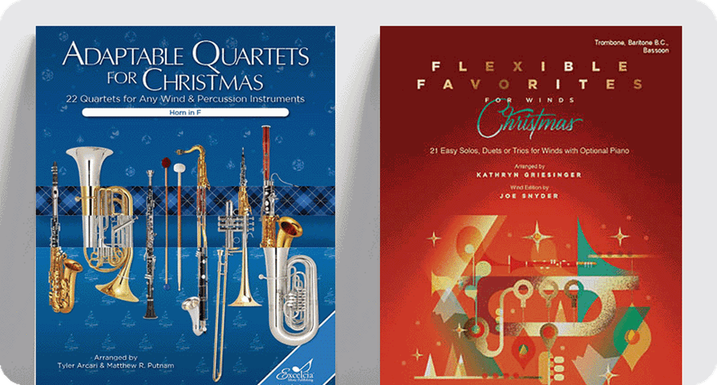 Brass Christmas sheet music titles Adaptable Quartets for Christmas and Flexible Favorites for Winds Christmas.