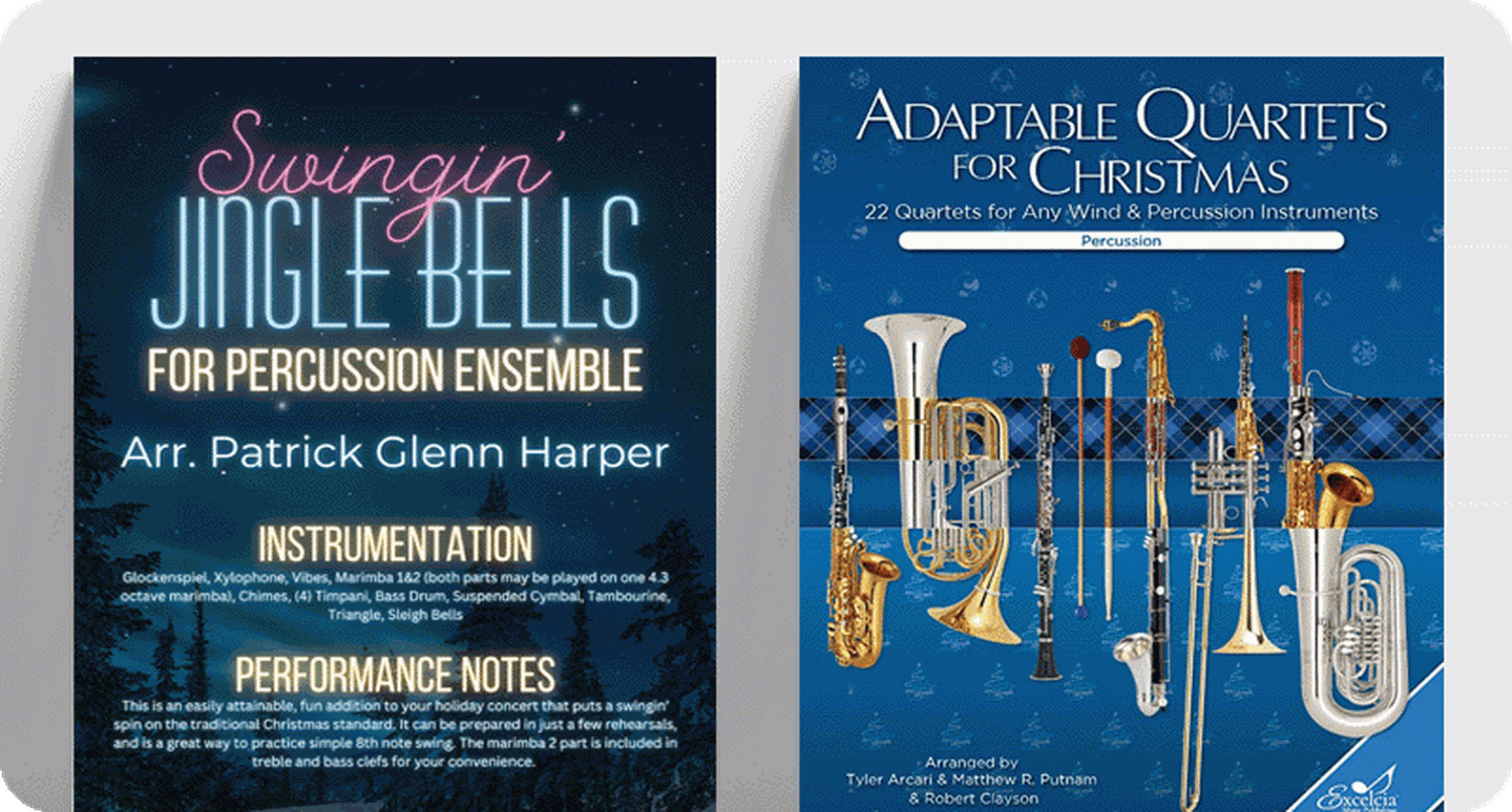 Christmas percussion sheet music covers Swingin' Jingle Bells and Adaptable Quartets for Christmas.