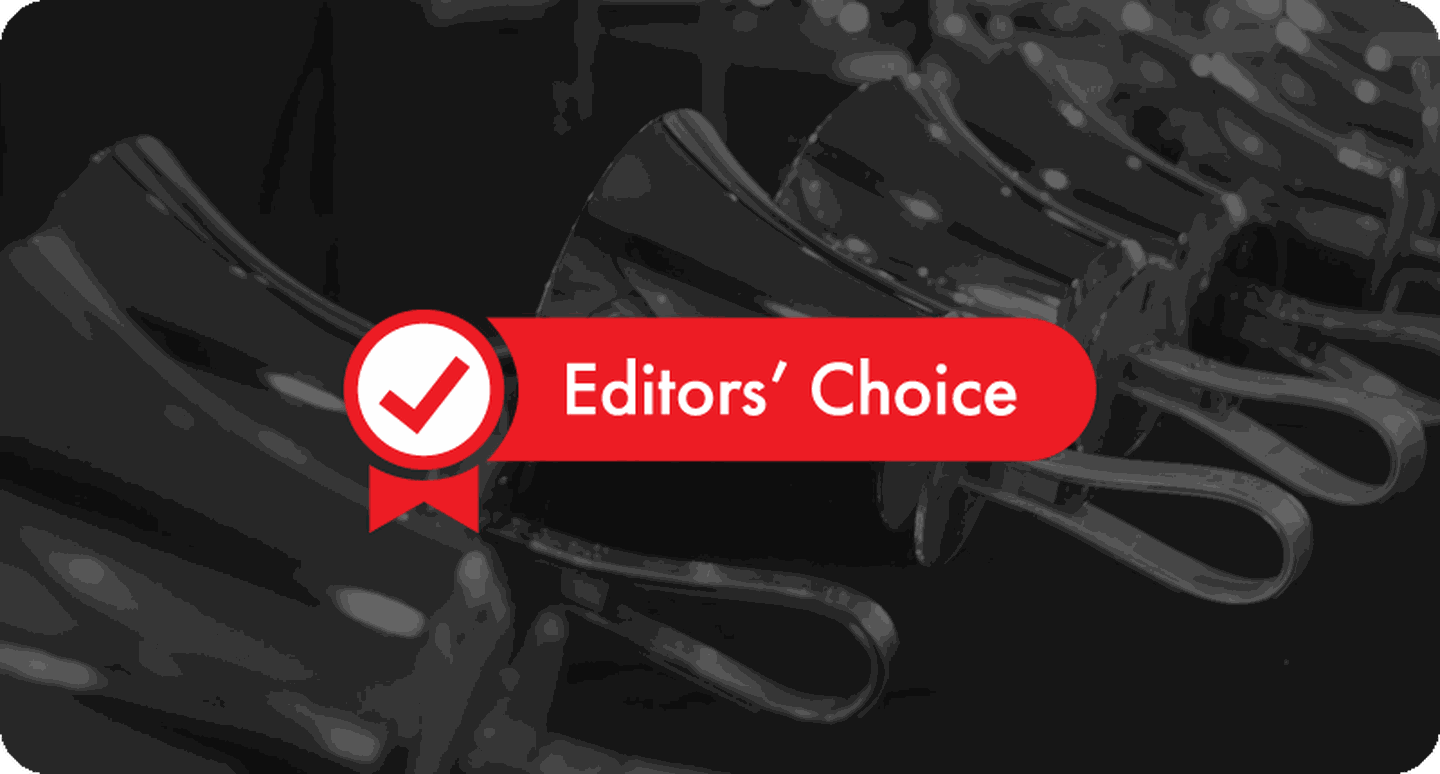 Red editors' choice logo with handbell background