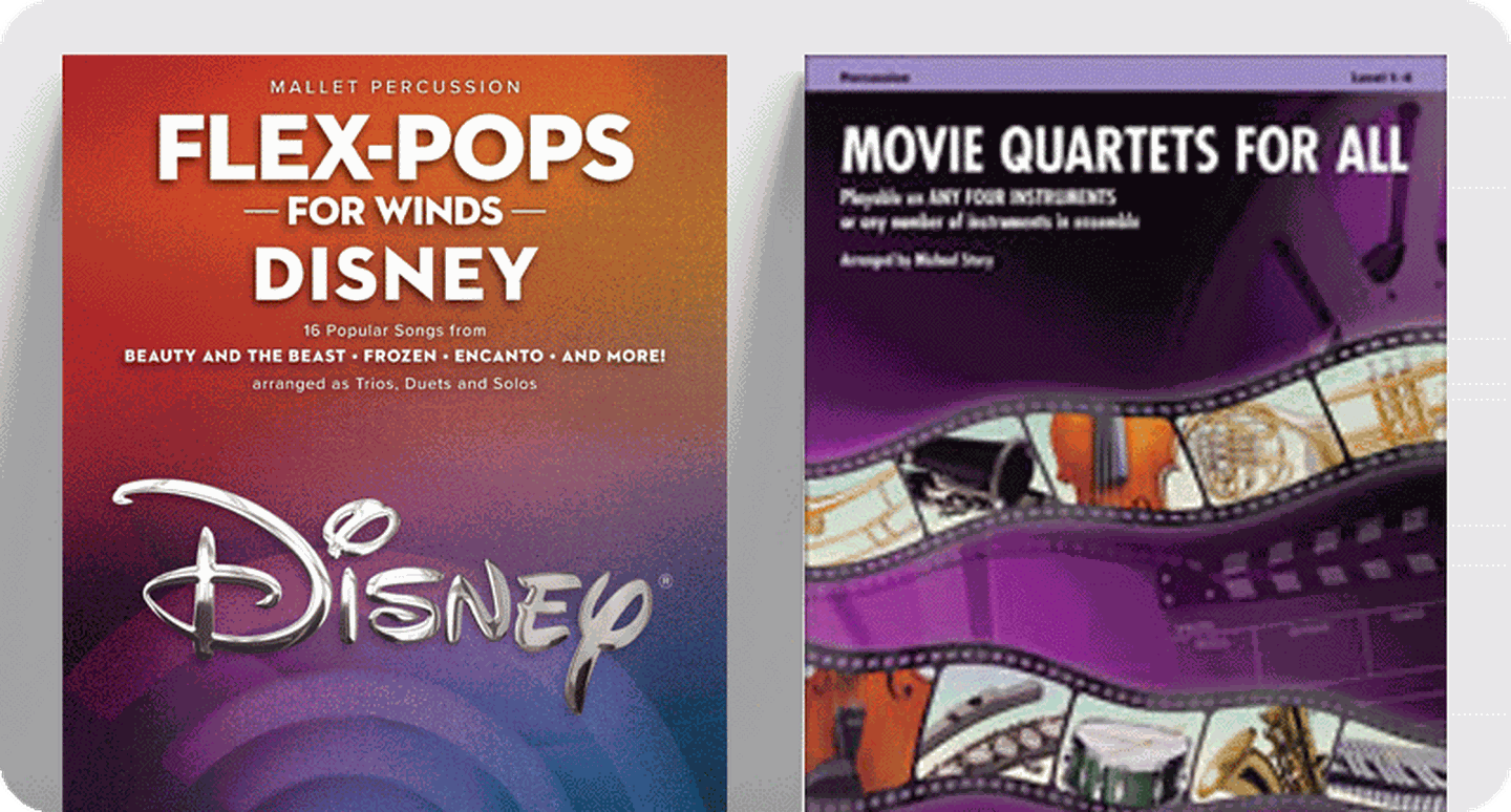 Pop percussion sheet music covers for Flex-Pops for Winds: Mallet Percussion and Movie Quartets for All.