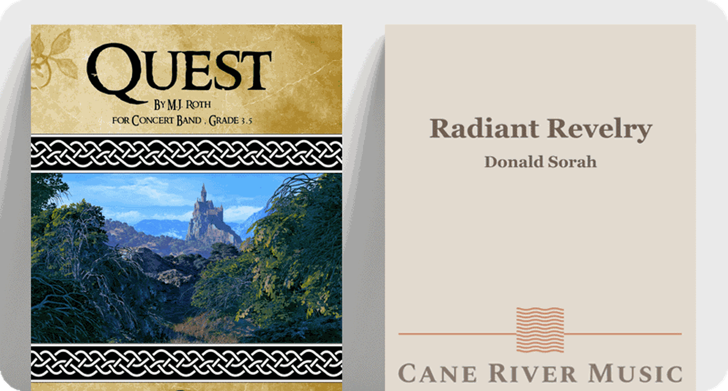 Concert band sheet music covers Quest and Radiant Revelry.