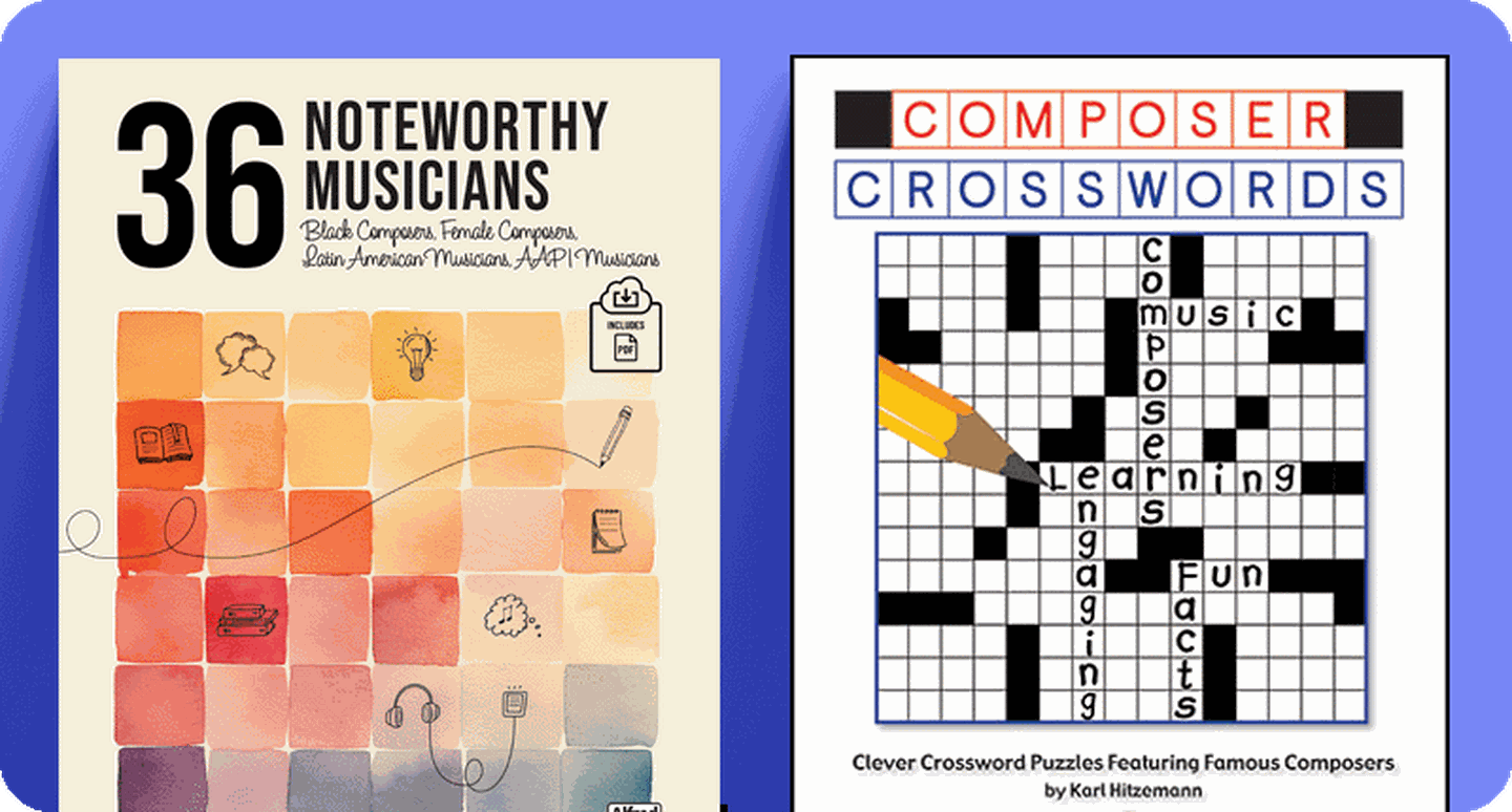 Book covers of music history titles 36 Noteworthy Musicians and Composers Crosswords.