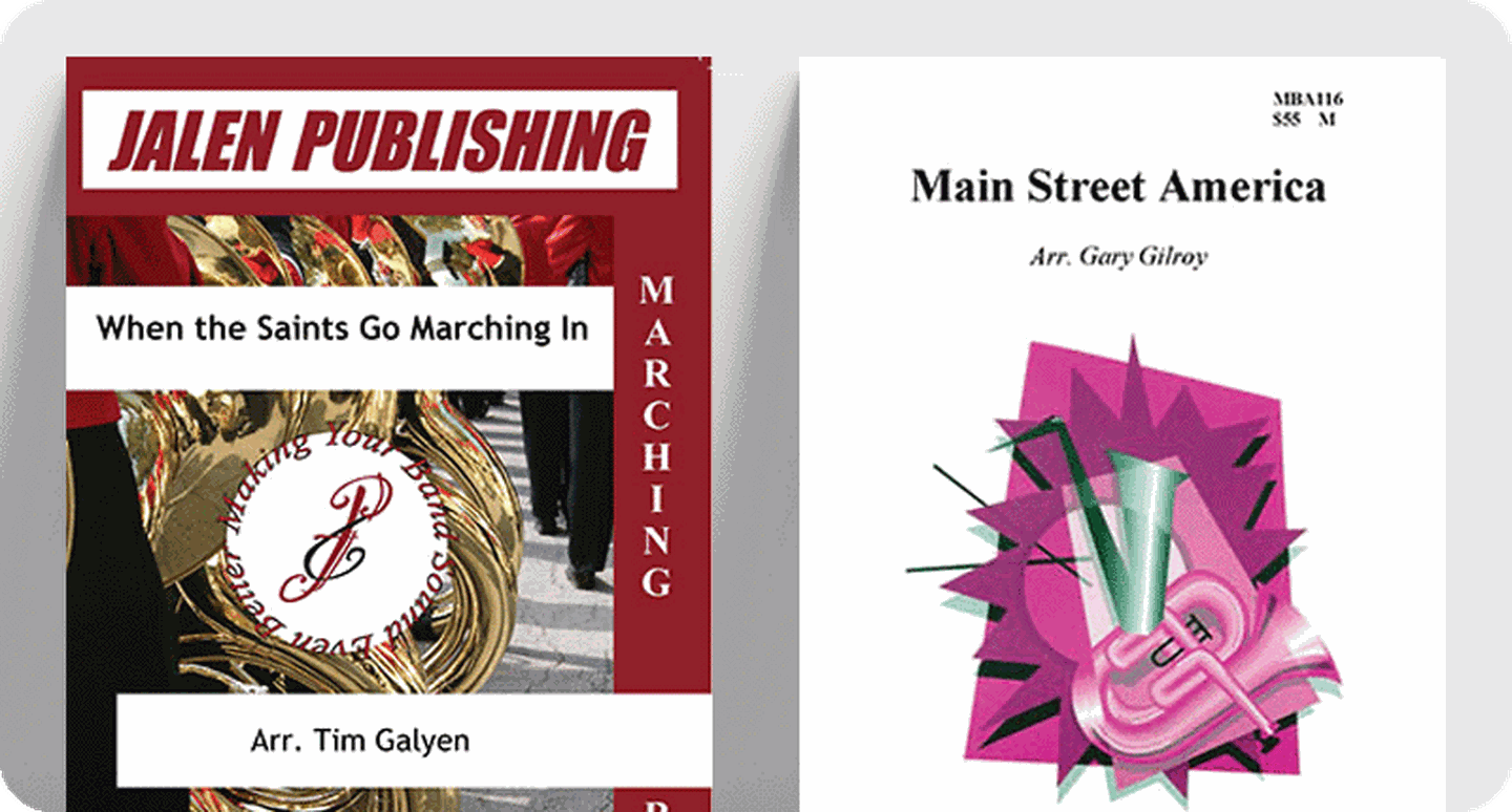 Covers for marching band parade sheet music When the Saints Go Marching In and Main Street America.