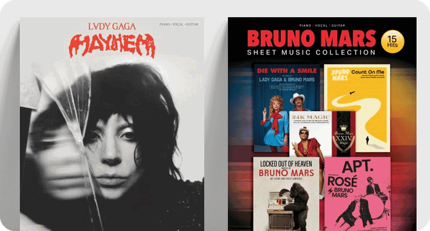 Piano/Vocal songbook covers for Lady Gaga Mayhem and Bruno Mars Sheet Music Collection.