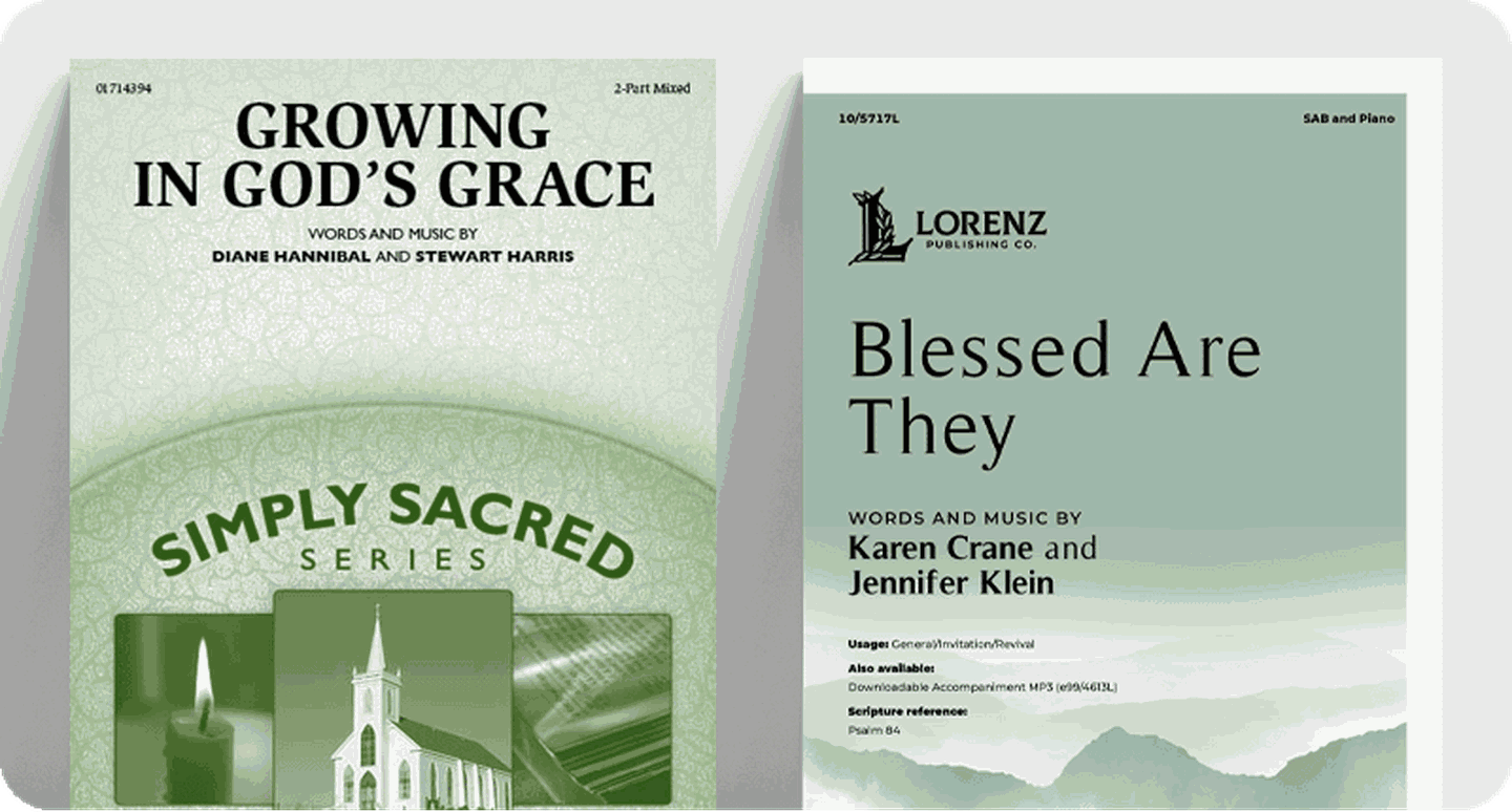 Church choir sheet music covers for anthems Growing in God's Grace and Blessed Are They.
