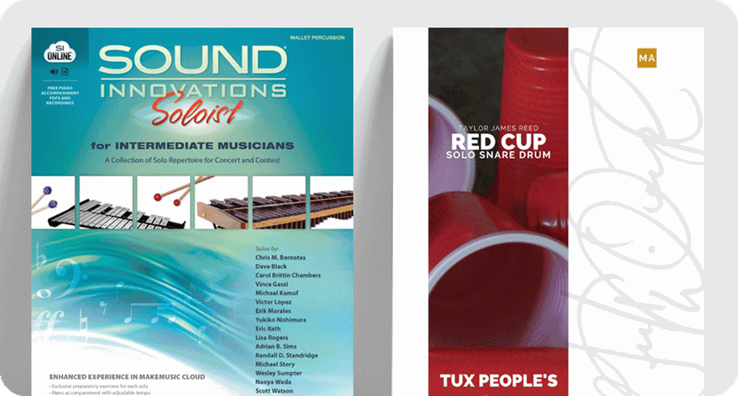 Solo percussion sheet music covers Sound Innovations Soloist and Red Cup.