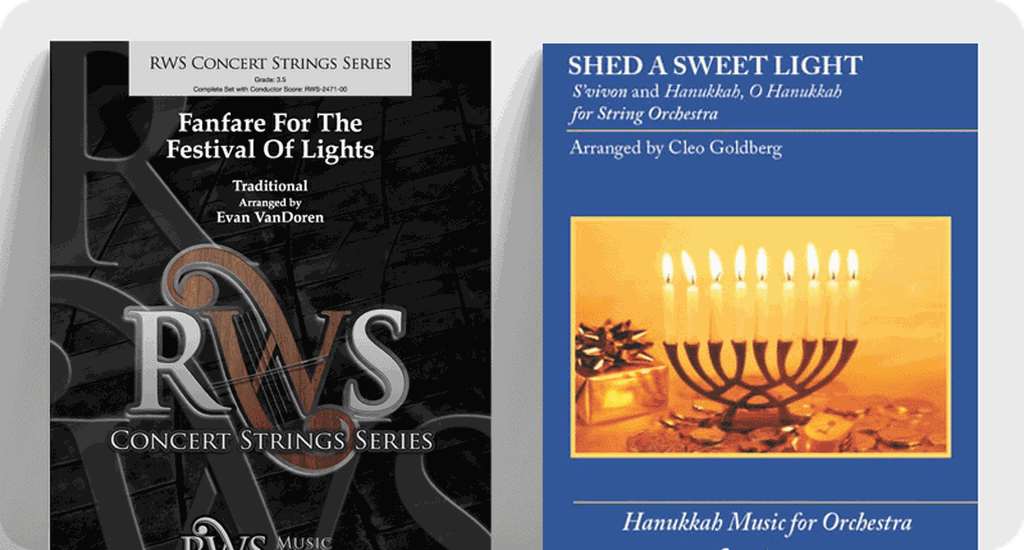 Hanukkah string orchestra sheet music covers Fanfare for the Festival of Lights and Sheet a Sweet Light.