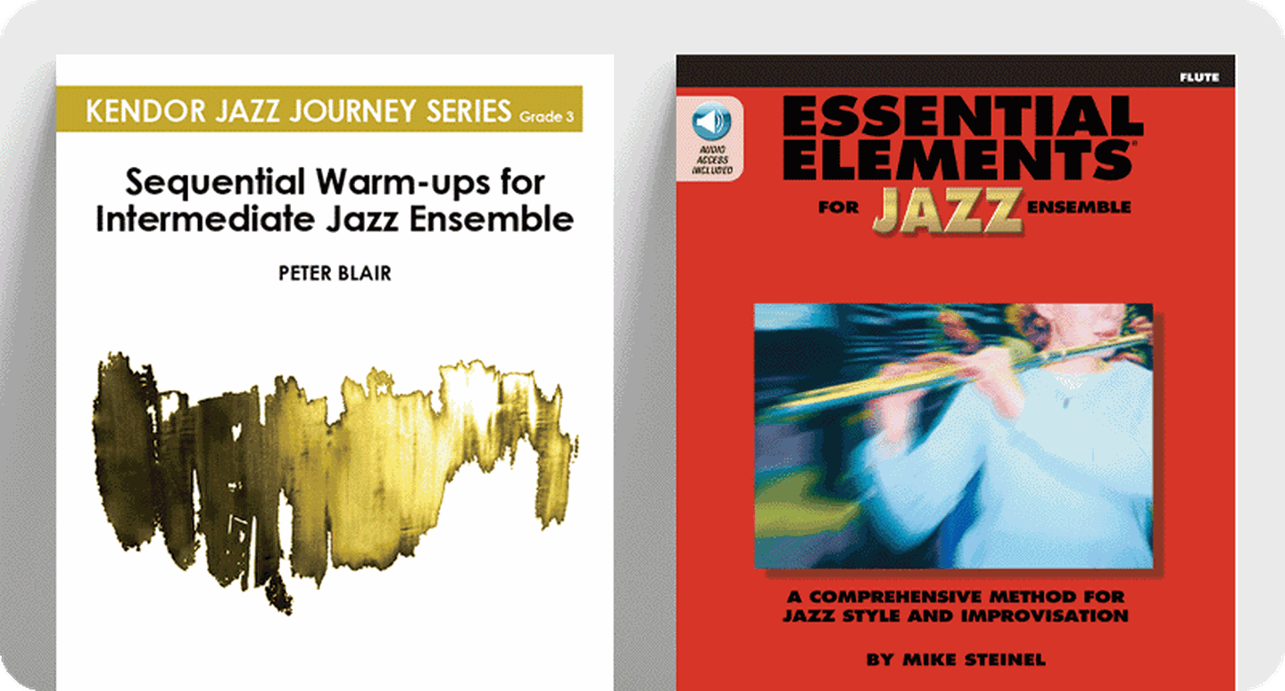 Covers for jazz method books Sequential Warm-ups for Intermediate Jazz Ensemble and Essential Elements for Jazz Ensemble.