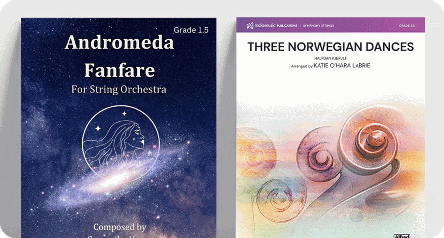 Sheet music covers for string orchestra classical selections Andromeda Fanfare and Three Norwegian Dances.