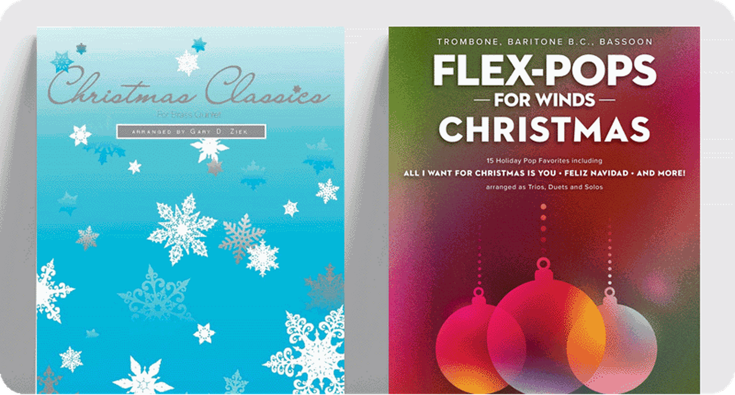 Brass Christmas sheet music covers Christmas Classics and Flex-Pops For Winds Christmas.
