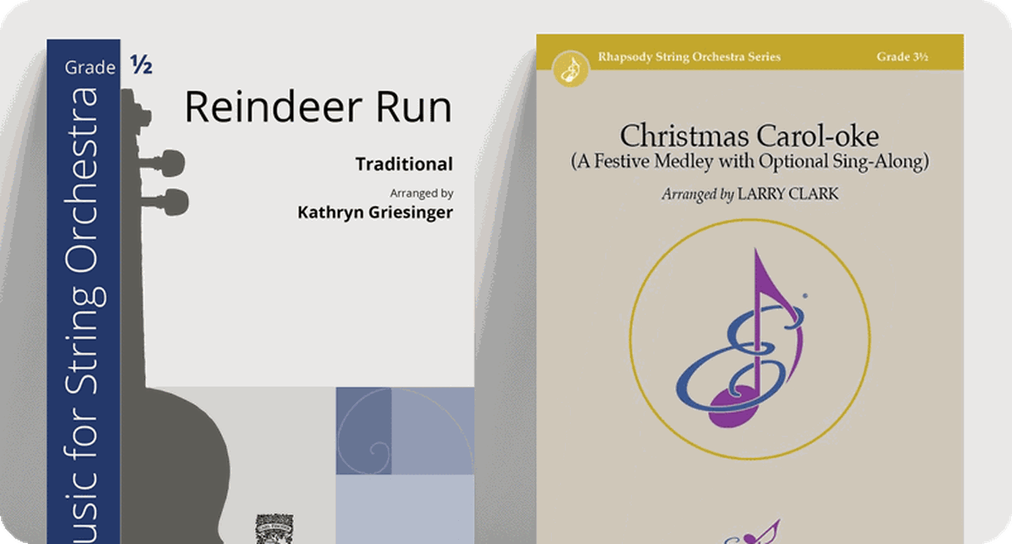 Sheet music covers for new Christmas and holiday titles for string orchestra.