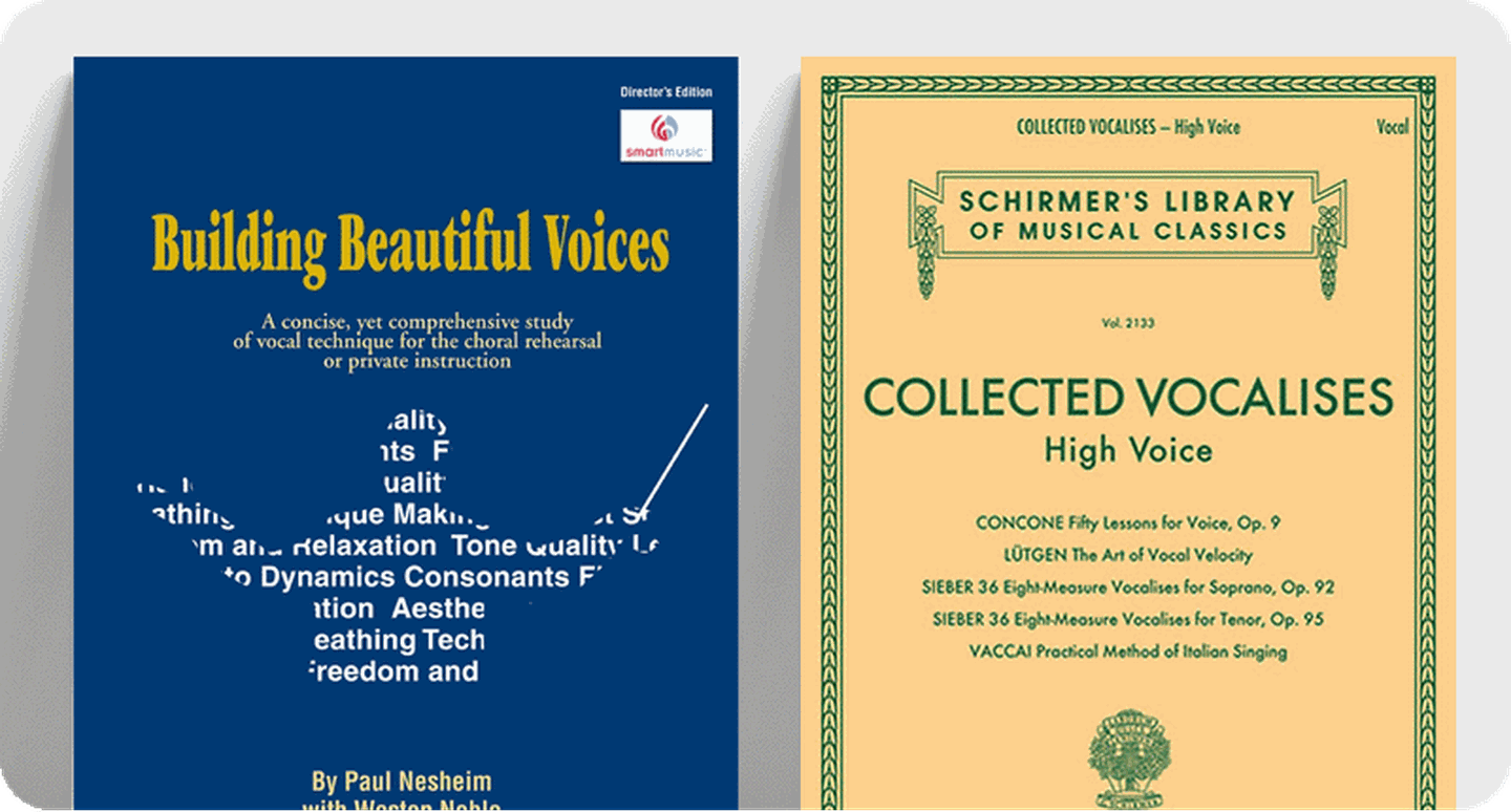 Covers for vocal pedagogy and training books Building Beautiful Voices and Collected Vocalises.