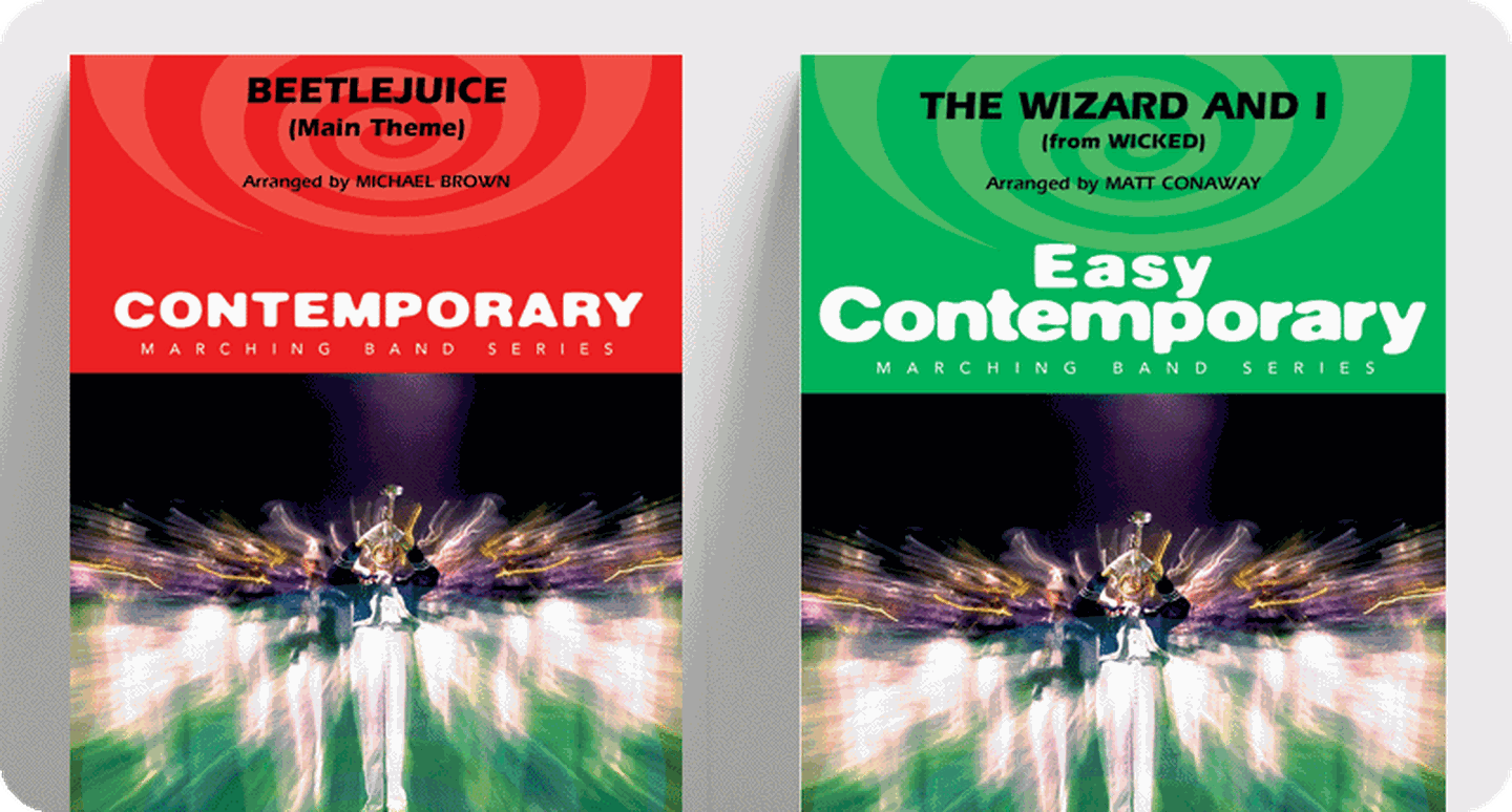 Covers for marching band field music Beetlejuice and The Wizard and I.