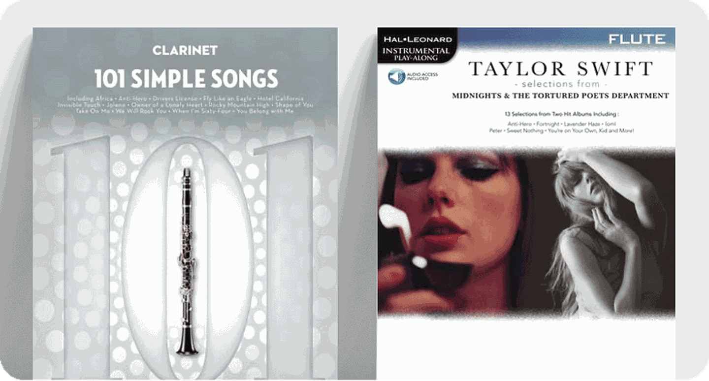 Pop woodwind sheet music covers 101 Simple Songs and Taylor Swift Selections from Midnights & The Tortured Poets Department.