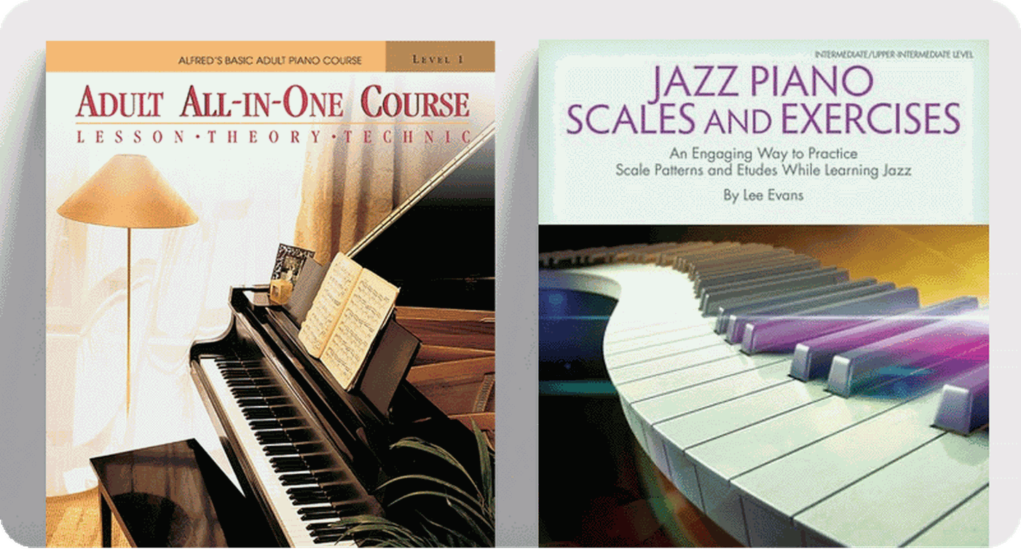 Piano method book covers Adult All-In-One Course and Jazz Piano Scales & Exercises.