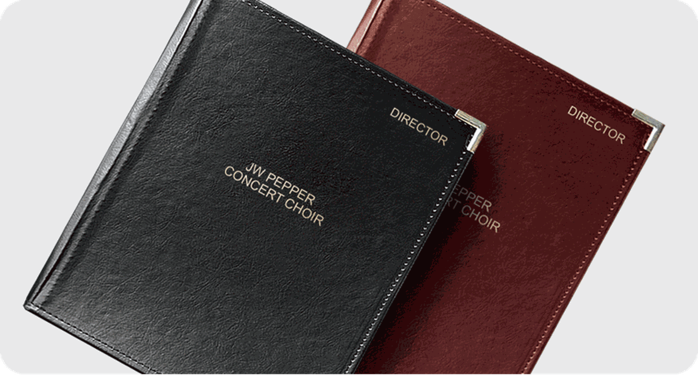 Black and red sheet music folders with imprinting.