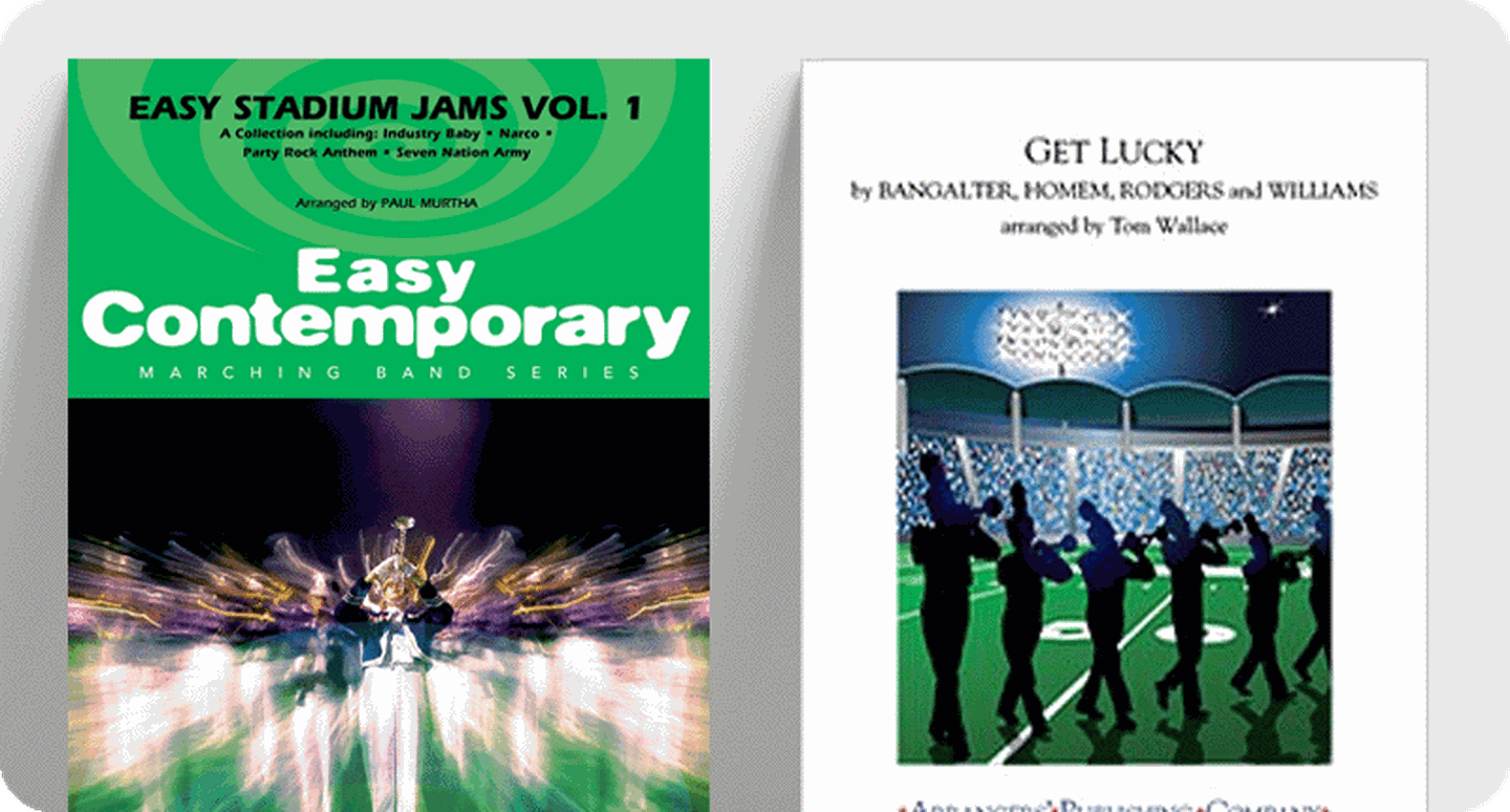 Covers for marching band pop selections Easy Stadium Jams Vol 1 and Get Lucky.