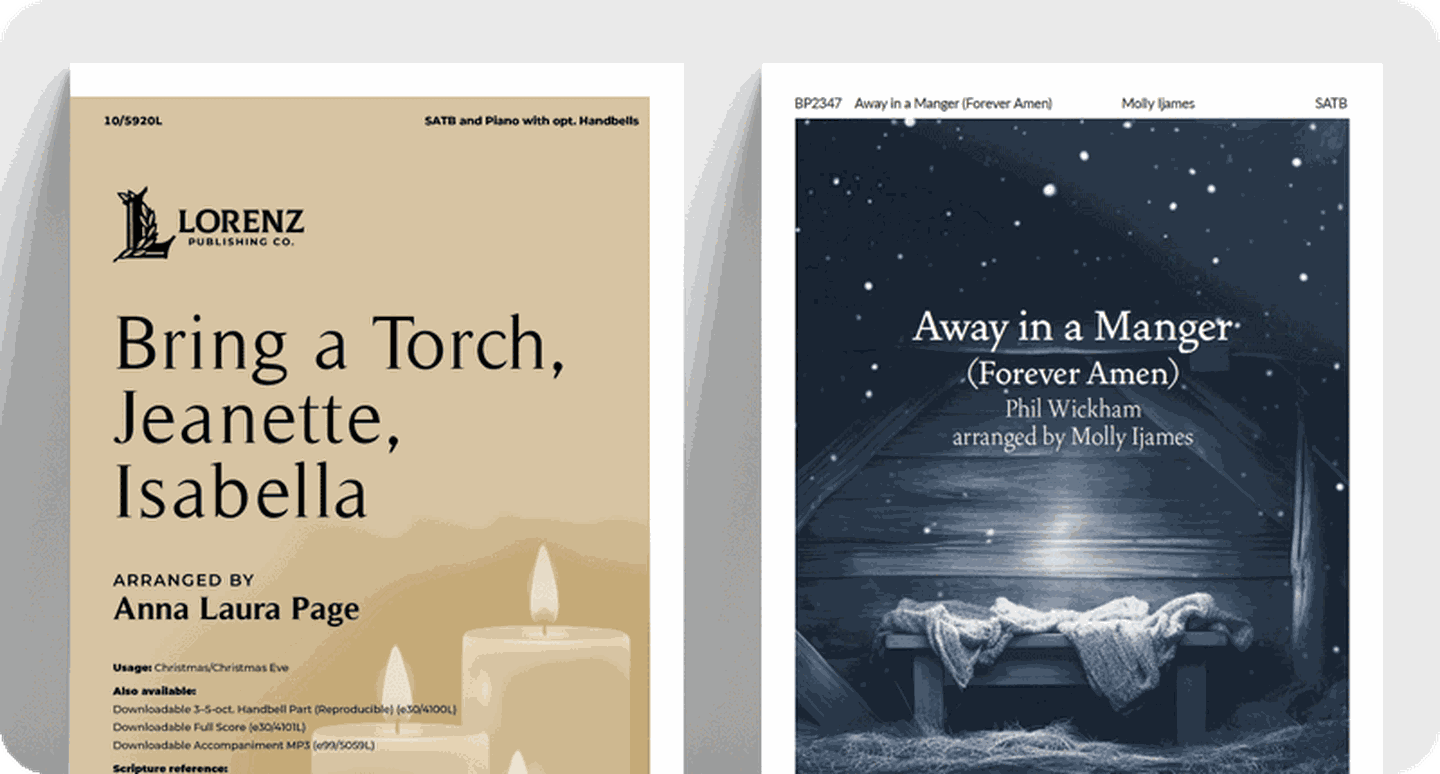 Church choir with instruments Advent & Christmas sheet music titles Bring a Torch, Jeanette, Isabella and Away in a Manger.
