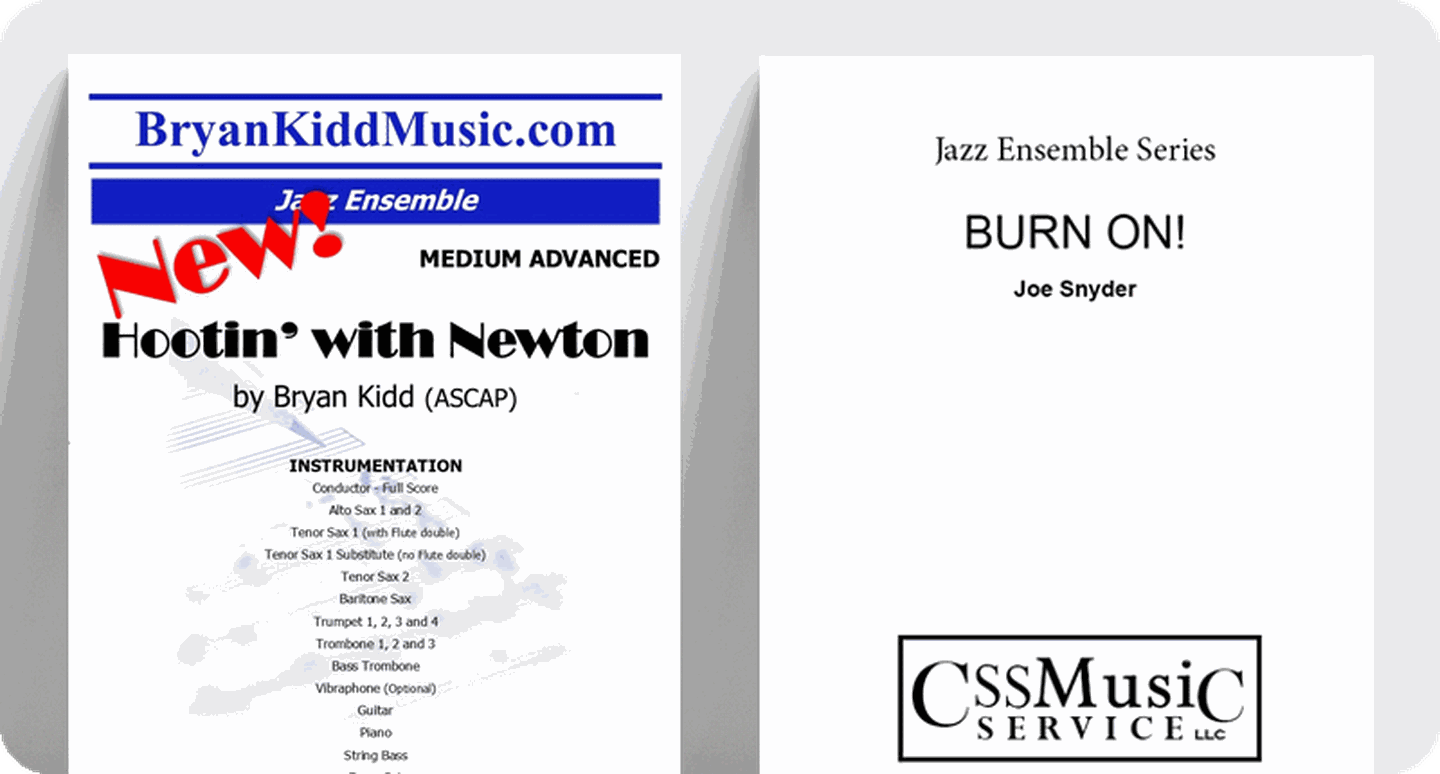 Sheet music covers for swing & blues charts Hootin' with Newton and Burn On!.