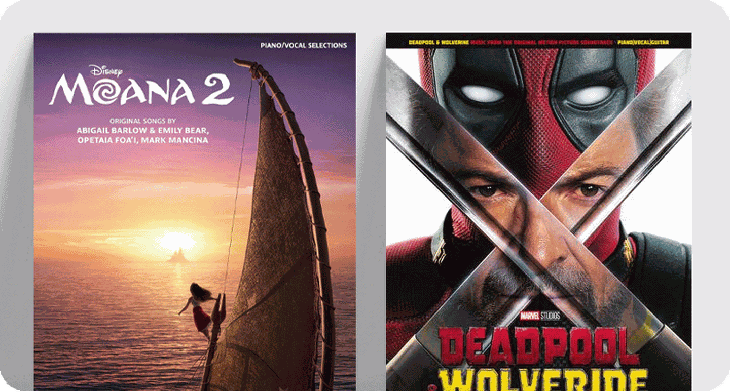 Piano/Vocal songbook covers for Moana 2 and Deadpool and Wolverine.