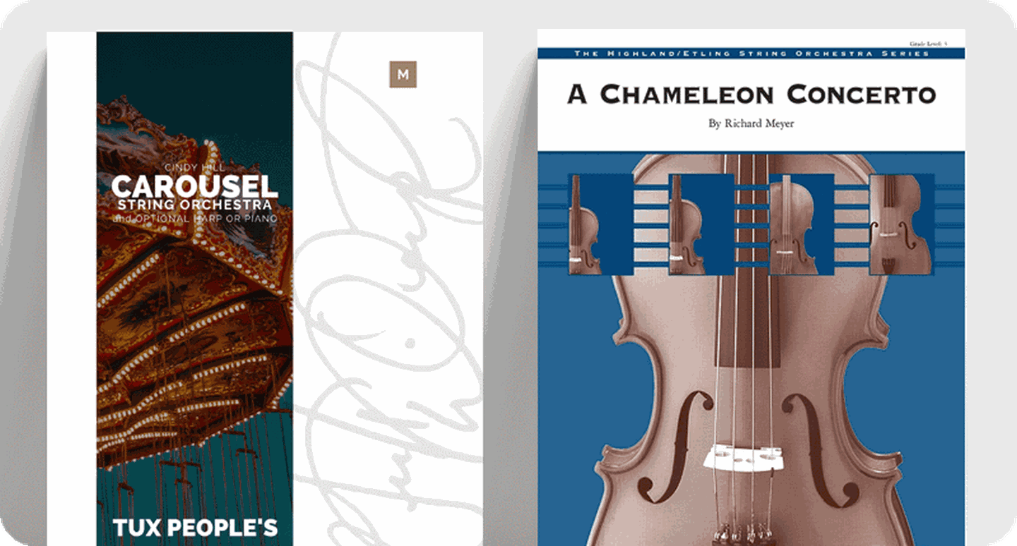 Covers for string orchestra titles with solos and section features Carousel and A Chameleon Concerto.