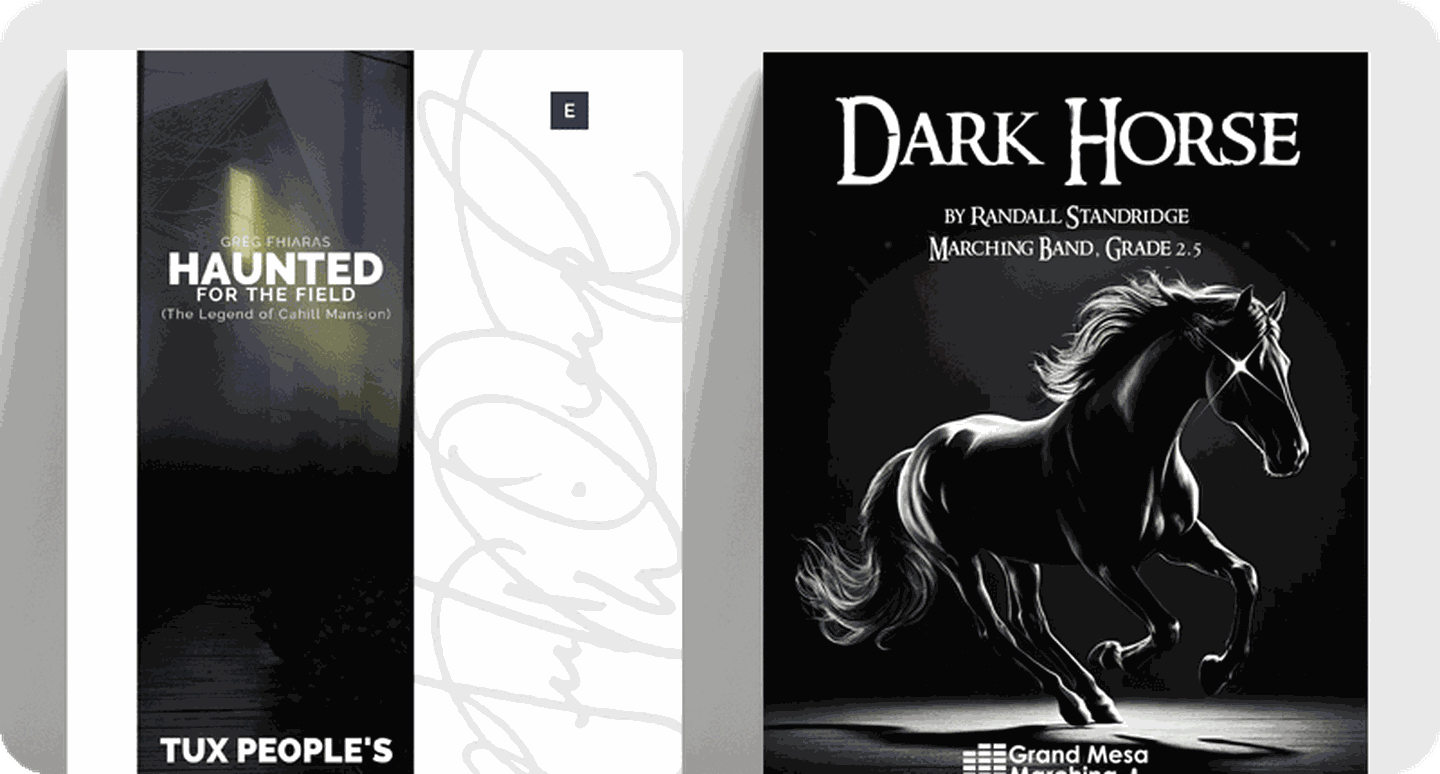Covers for marching band complete shows Haunted and Dark Horse.