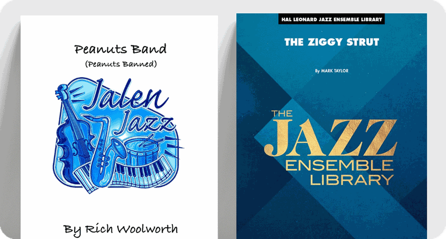 Sheet music covers for jazz-rock & funk charts Peanuts Band and The Ziggy Strut.
