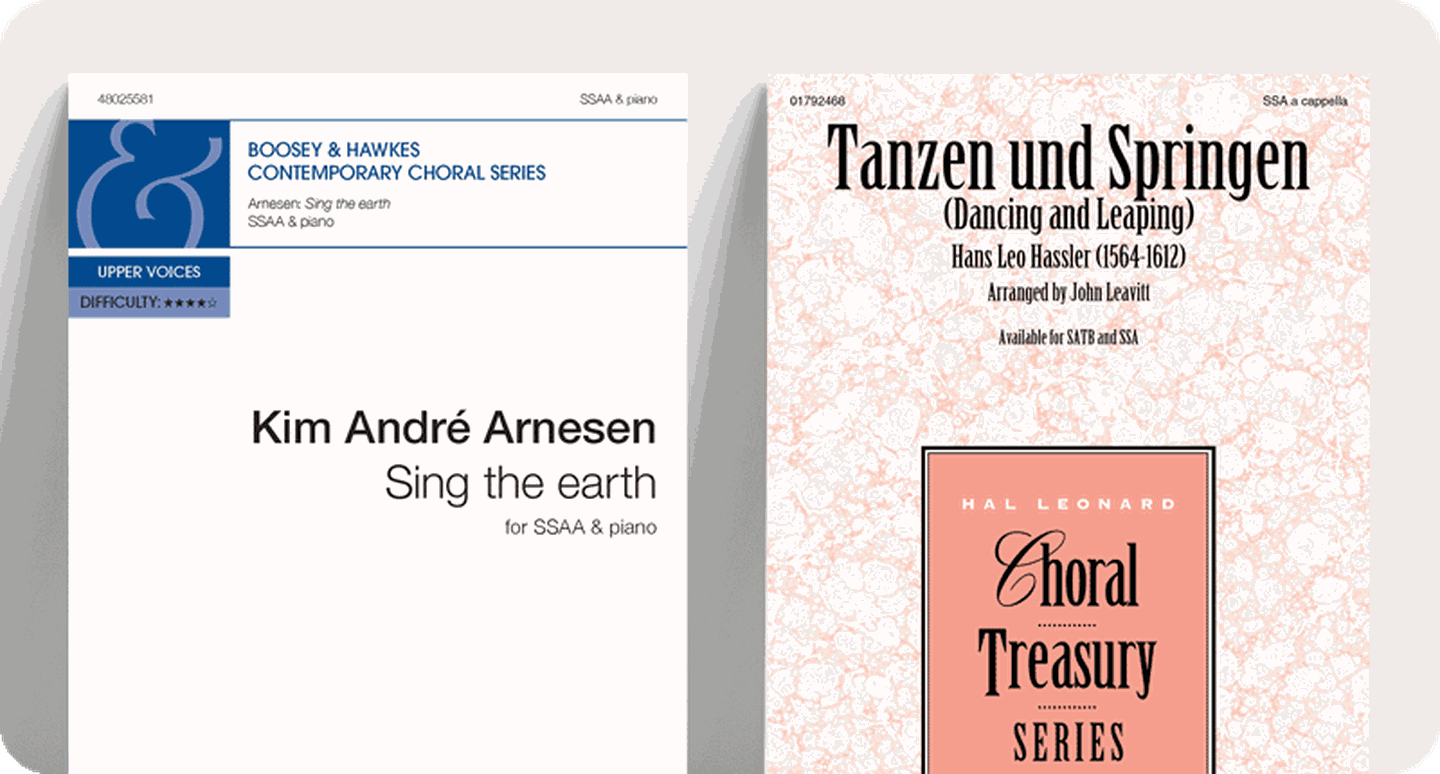 Sheet music covers of new works for community choirs Sing the Earth and Tanzen und Springen.