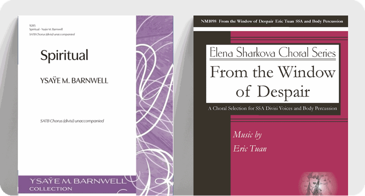Sheet music covers of collegiate choral works Spiritual and From the Window of Despair.
