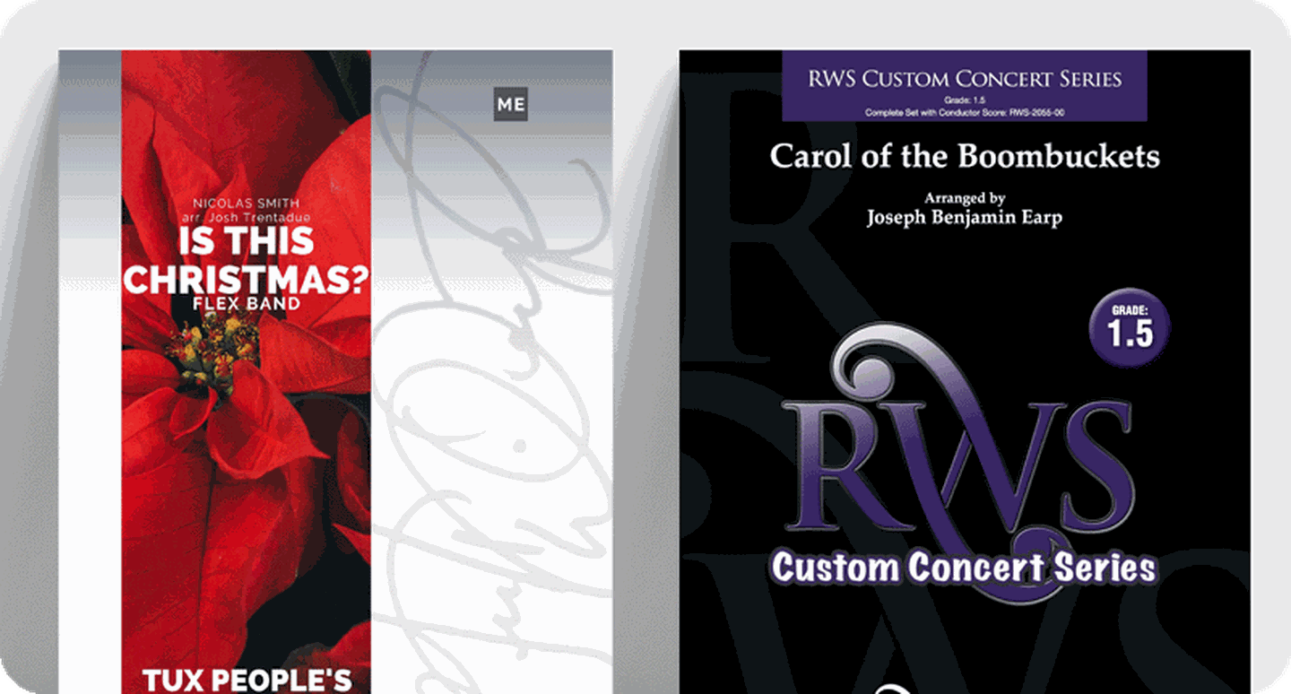 Concert band sheet music covers for Christmas & winter holiday titles.