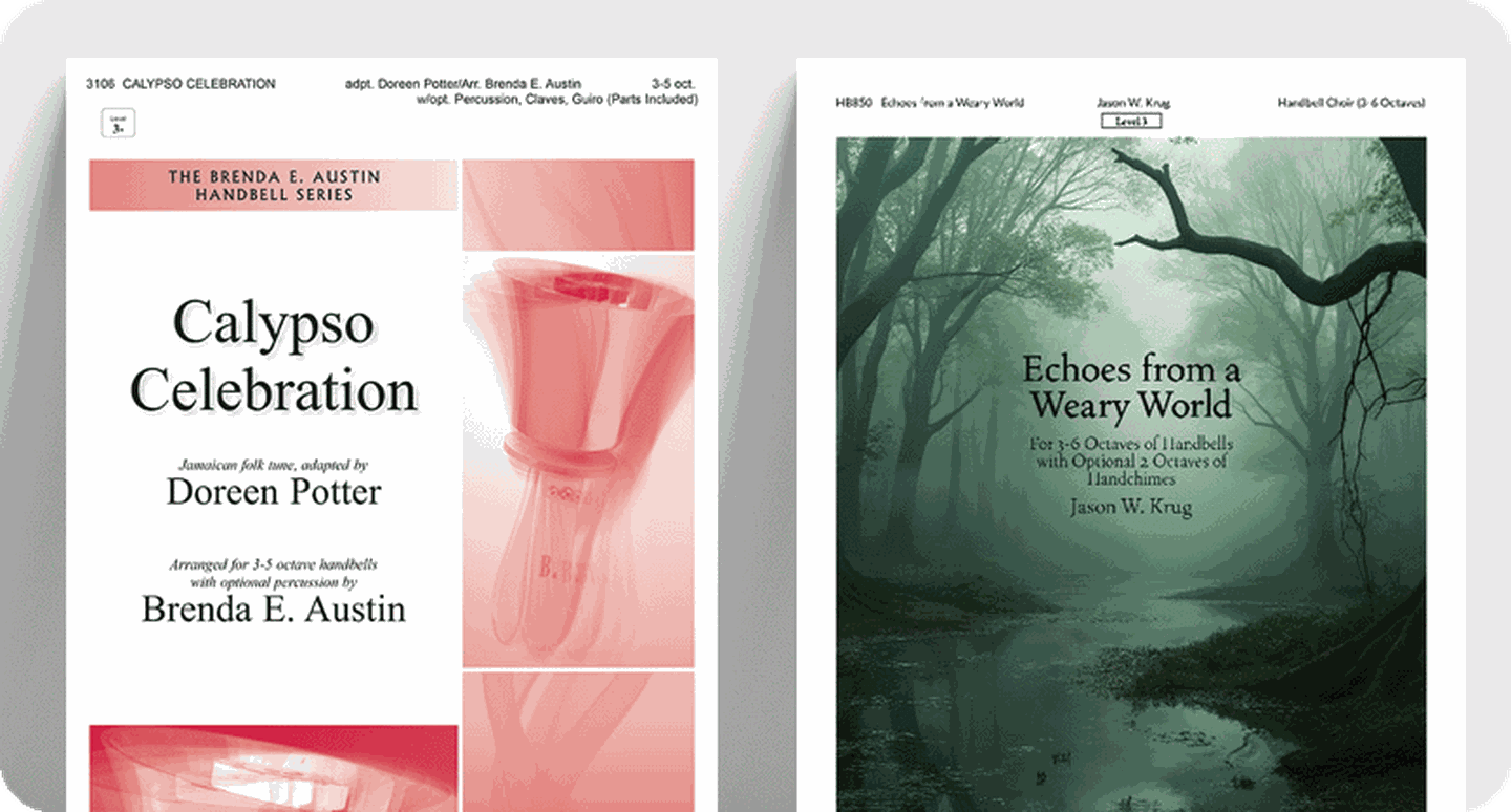 New concert handbell sheet music covers for titles Calypso Celebration and Echoes From A Weary World.