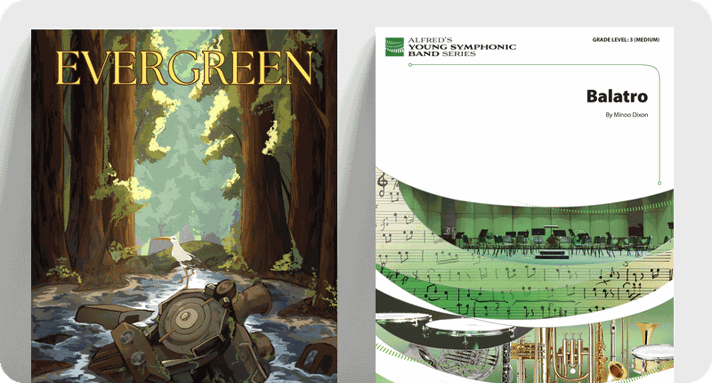 Concert band sheet music covers for new concert and contest titles.