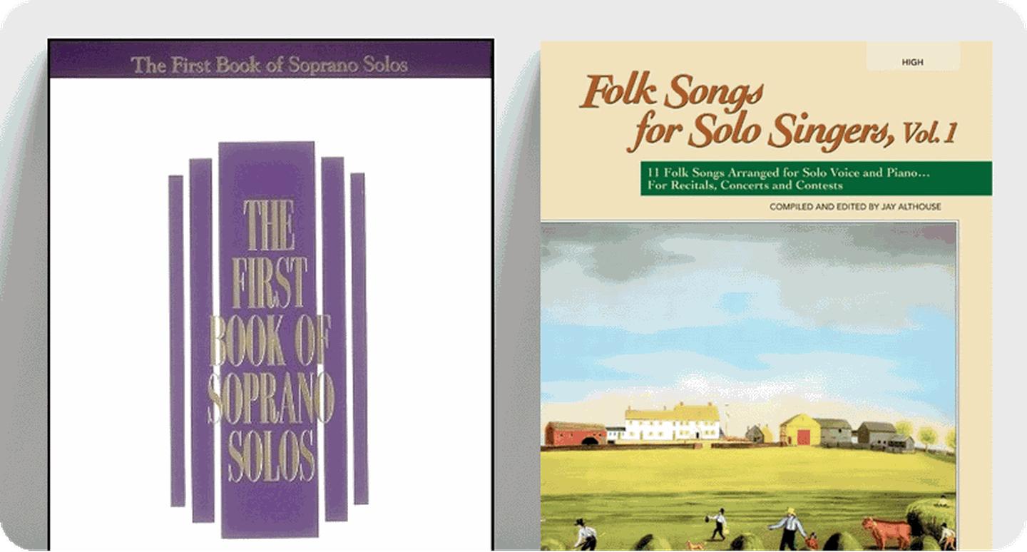 Sheet music covers for vocal standard repertoire collections The First Book of Soprano Solos and Folk Songs For Solo Singers Volume 1.
