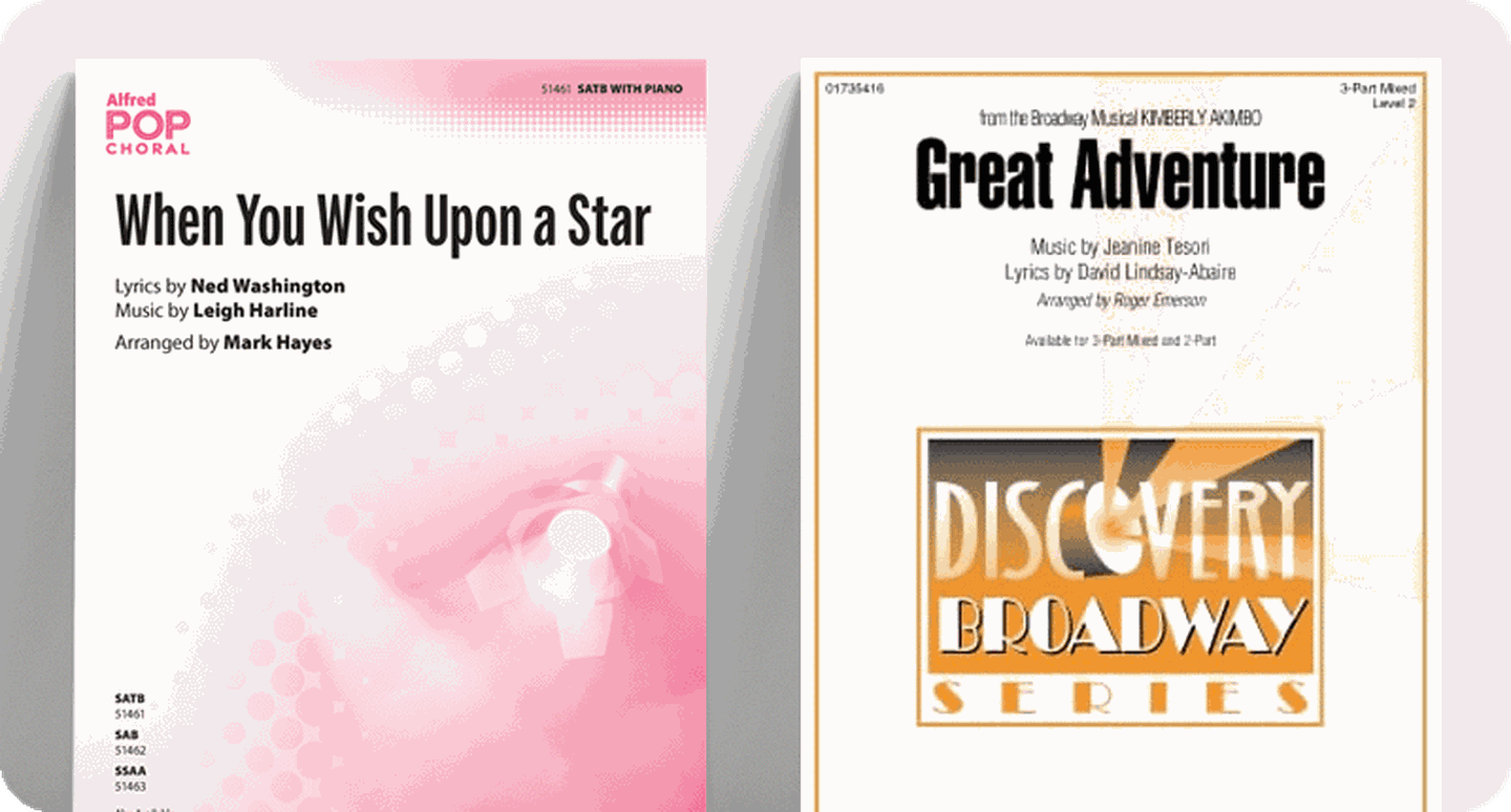 Choral sheet music covers for pop music.