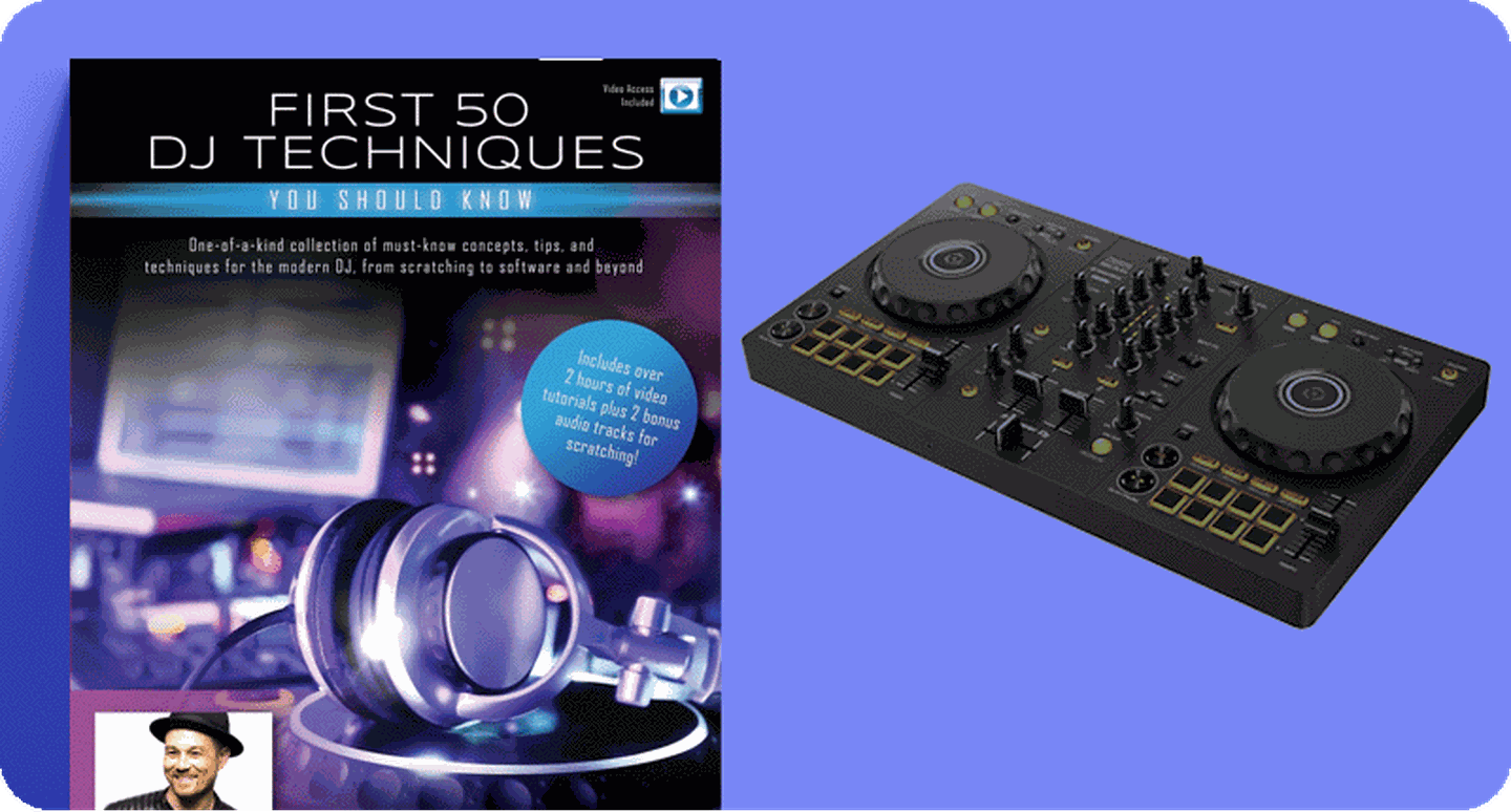 Sheet music cover of First 50 DJ Techniques and turntable image.