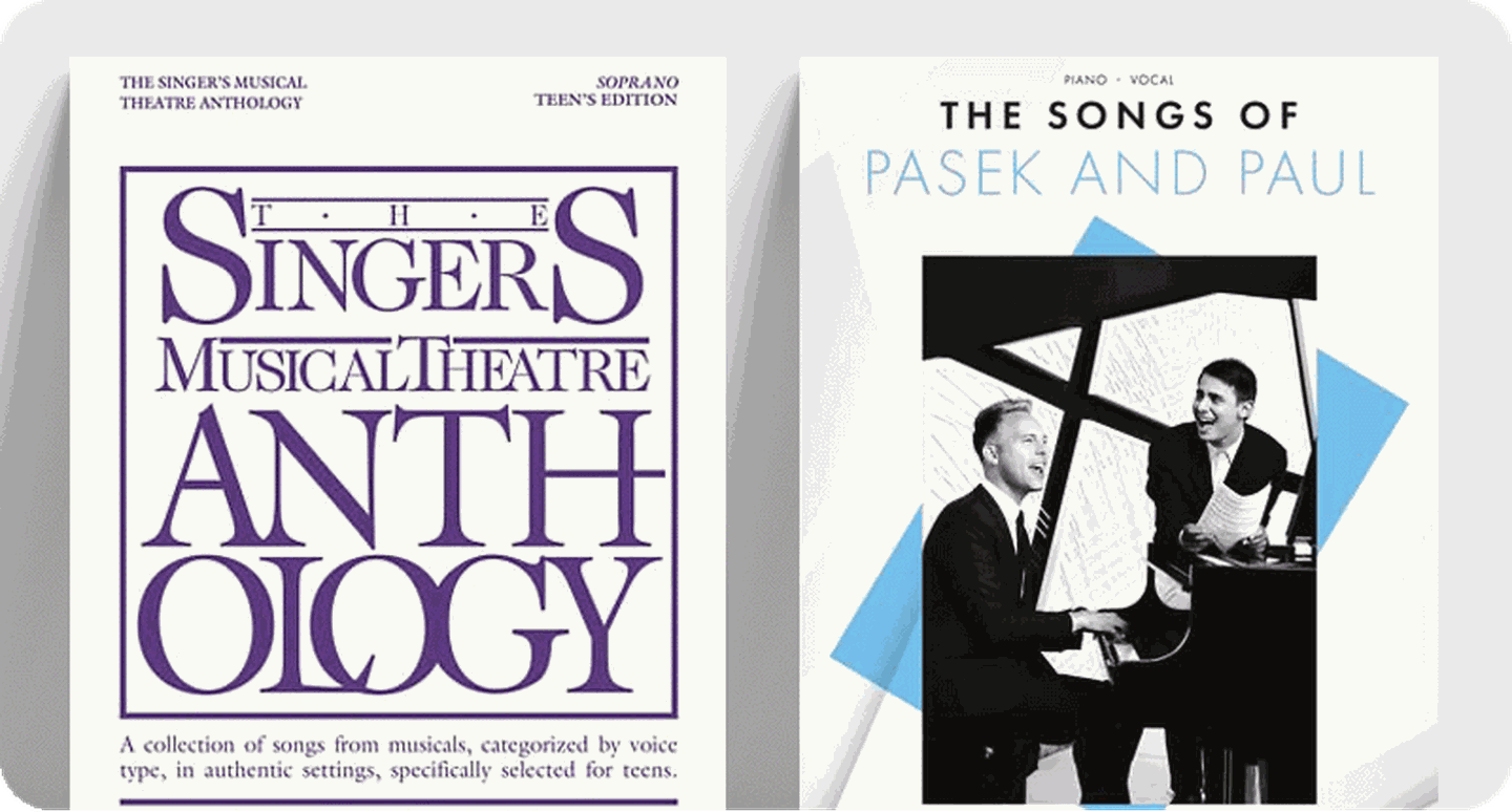 Piano/Vocal songbook covers The Singers Musical Theatre Anthology and The Songs of Pasek and Paul