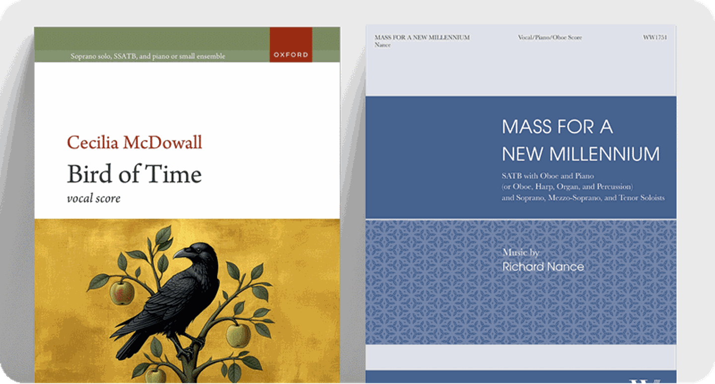Sheet music covers of new major works Bird of Time and Mass for a New Millennium.